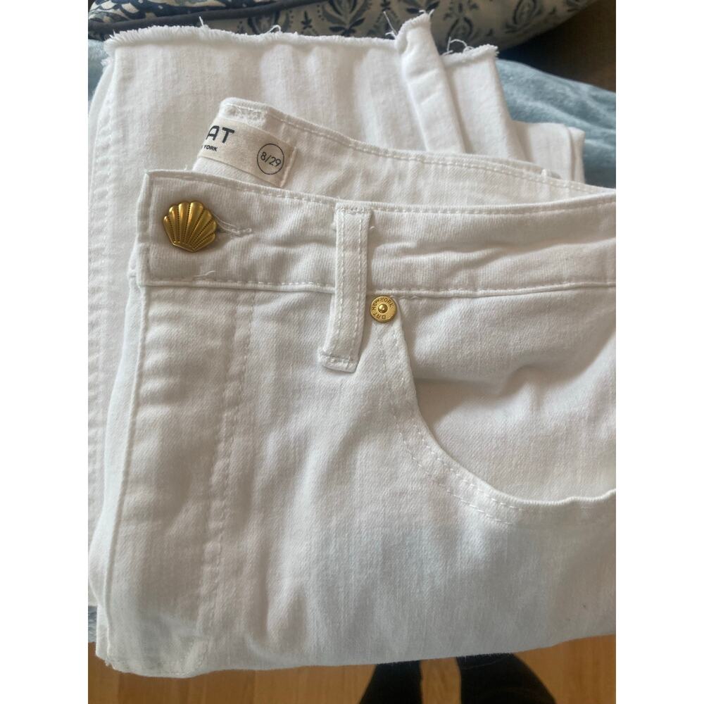 OAT New York White High Rise Straight Leg Jeans Seashell Button Raw Hem 8 - Picture 9 of 10